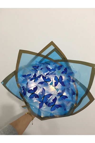 EK PAZARLAMA LED IŞIKLI 20 Lİ MASMAVİ KELEBEK ÇİÇEK BUKET İ- HEDİYE