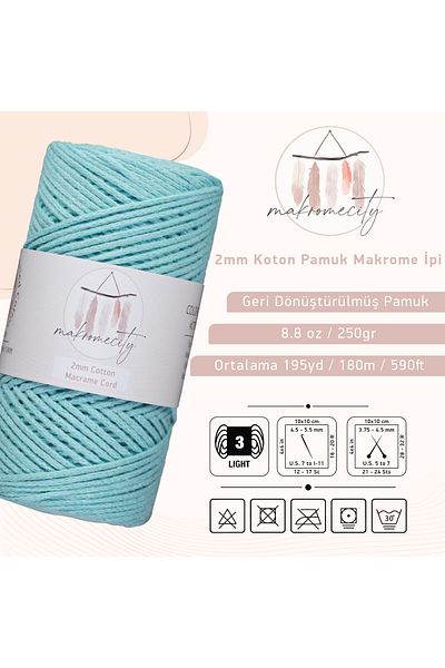 Makromecity Premium Κορδόνι Macrame Βαμβακερό Mint 200 γρ 150 Yards 2mm Βαμβακερή αλυσίδα Macrame Τσάντα Κορδόνι Supla Κορδόνι