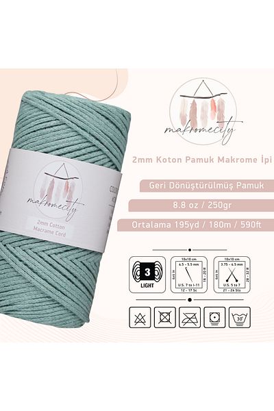 Makromecity Premium Koton Cotton Macrame String Çağla Green 200 gr 150 Yards 2mm Βαμβακερό Μακραμέ Σχοινί Τσάντα Supla Ipi
