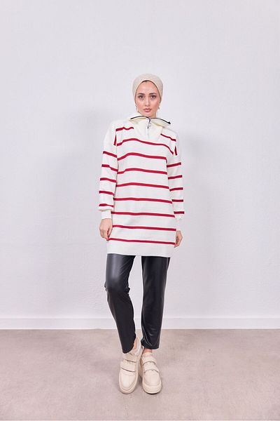 CANSELLBUTİKK Red Line Patterned Tunic Length Knitwear Sweater with Zipper Collar