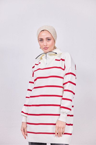 CANSELLBUTİKK Red Line Patterned Tunic Length Knitwear Sweater with Zipper Collar