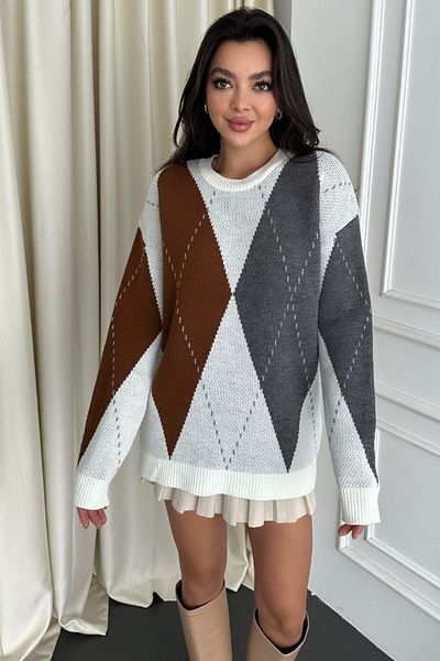 lovebox Pulover de damă alb cu mânecă lungă cu mânecă lungă, cu model de diamante, cu gâtul rotund 2943