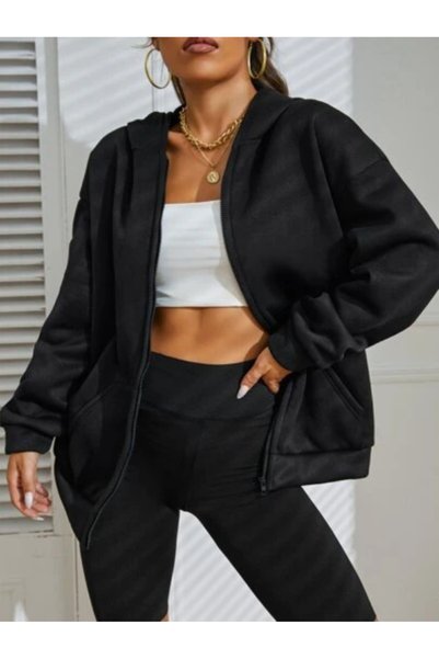 Relax&Basic Black 2 thread Knitted Fabric Hooded Zipper Sweatshirt