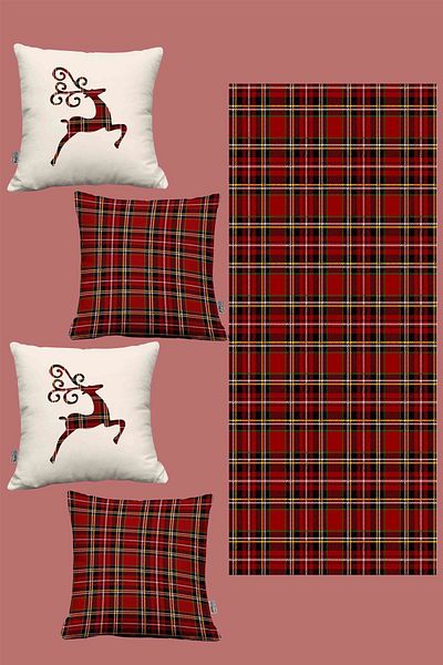 Hayal Dekoratif New Year's Plaid Red Cream Floor Deer Pattern Set of 4 - Throw Pillow and Runner