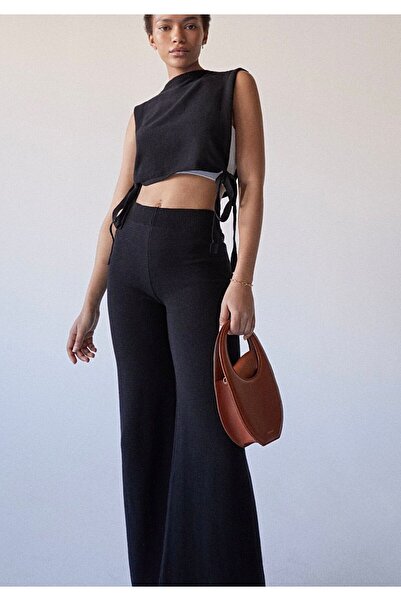 AS Anita Store Siyah Wide Leg Bol Paça Beli Lastikli Triko Pantolon