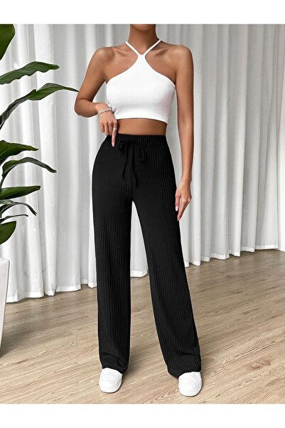 AS Anita Store Black Lace-Up Elastic Waist Knitwear Trousers