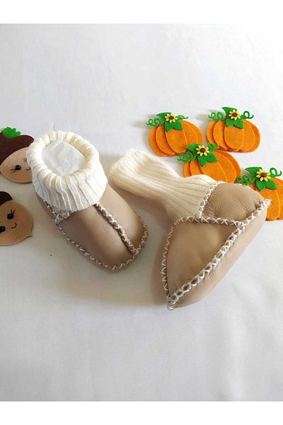 MİNİBİRİ Organic Genuine Lambskin Baby Booties Slippers Baby Boots Baby Shoes