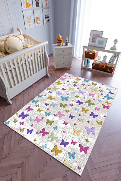 10 Post Online Çocuk Halısı Figürlü Çiçekli Kelebek Desenli Gri Kaydırmaz Kes...
