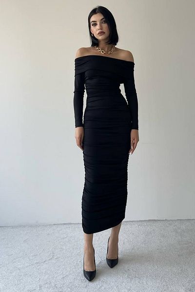 lovebox Flexibilní Sandy Fabric Midi délka Tužkový střih Bez ramínek, Dlouhý rukáv Černé večerní šaty 189