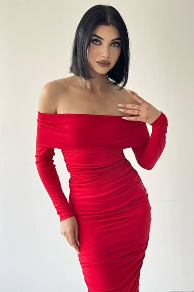 lovebox Flexible Sandy Fabric Midi Length Pencil Cut Strapless Neckline Long Sleeve Red Evening Dress 189