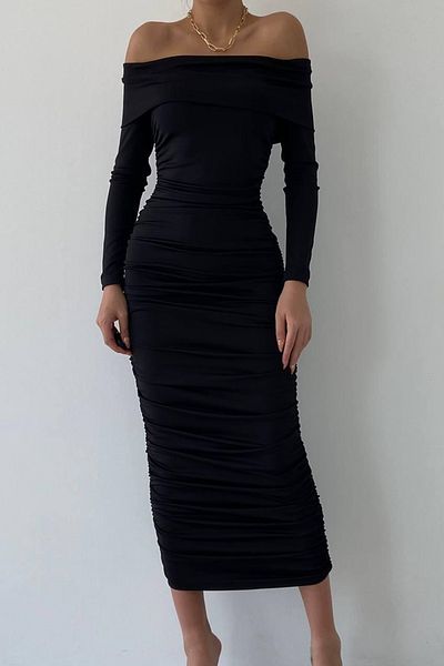 vuvutasarım Flexibilní Sandy Fabric Límec bez ramínek Midi Délka Tužkový střih Černé šaty s dlouhým rukávem 189