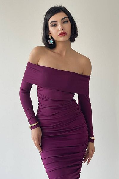 lovebox Flexibilní Sandy Fabric Midi délka Tužkový střih Bez ramínek Límec s dlouhým rukávem Švestkové večerní šaty 189