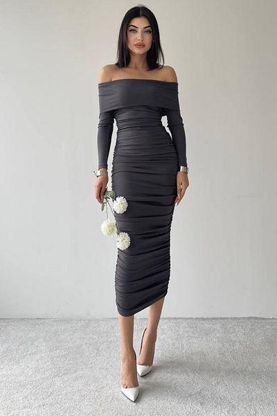 lovebox Flexible Sandy Fabric Midi Length Pencil Cut Strapless Collar Long Sleeve Anthracite Evening Dress 189