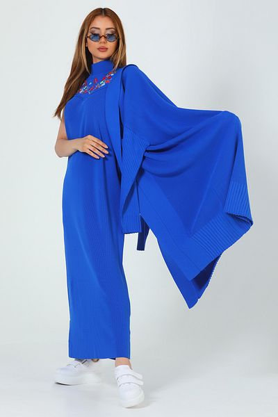 GÜLSELİ Saks Blue Women's Embroidered Knitwear Dress Cardigan Double Set