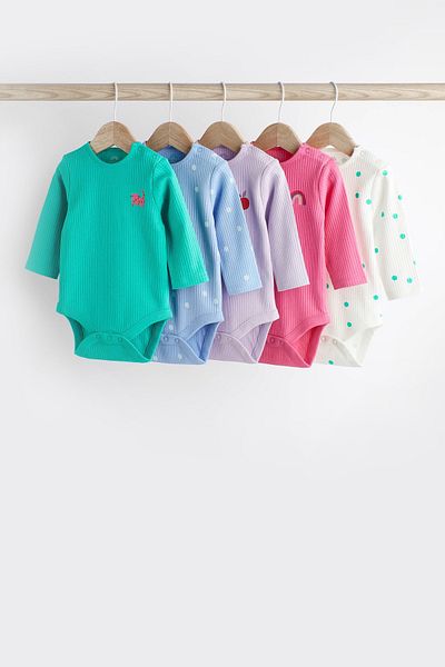 Next Baby 100% Cotton Pink Green Long Sleeve 5-Piece Bodysuit