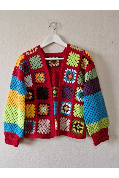 Nihalce Çok Renkli - Kısa El Örgüsü Mevsimlik Ceket