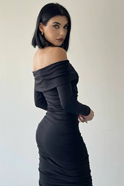 WOMAN VISION Dámské elastické Sandy Fabric Límec bez ramínek Midi délka Tužkový střih Černé šaty s dlouhým rukávem 189