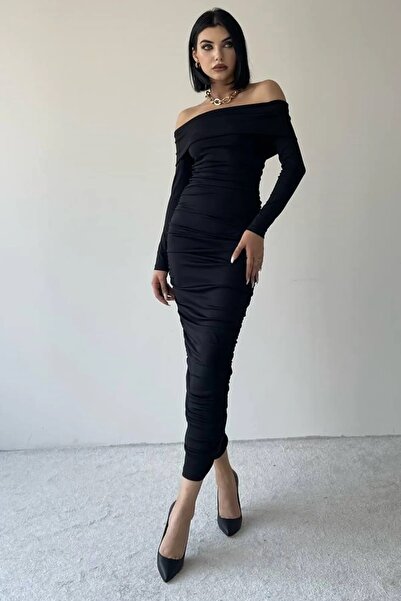 WOMAN VISION Dámské elastické Sandy Fabric Límec bez ramínek Midi délka Tužkový střih Černé šaty s dlouhým rukávem 189