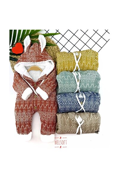 DENİZCİK 9-12-18-24 Ay Düğme Kapamalı Kulaklı Kapşonlu Motif Desenli Örme Kum...