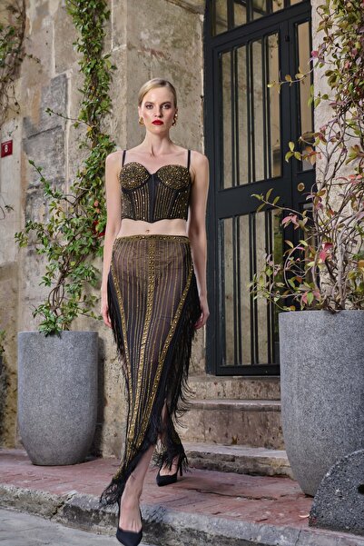 ELİYANA Gold Taşlı Büstiyer Etek takım