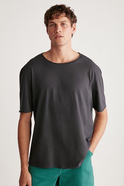 GRIMELANGE Ανδρικό μπλουζάκι Davınson με ανοιχτό γιακά Oversize Fit 100% βαμβακερό ανθρακί