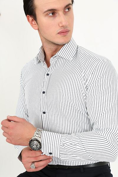 Black Moon Men's Slim Fit Solid Color Detail Patterned Cotton Shirt Collar Classic Shirt