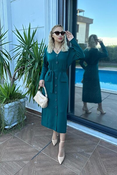 For Angels Petrol Green Knitwear Dress - Buttoned and Pocketed 2357331 Std