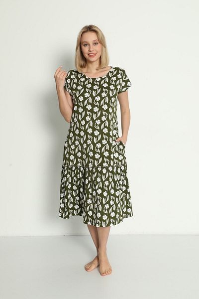 İntensive Short Sleeve Patterned Modal Dress - Pocket and Drawstring