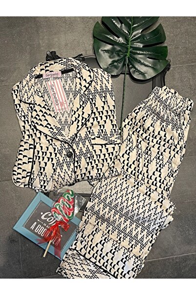 Serbella Silky Satin Cubes Shirt Trousers Pajama Set