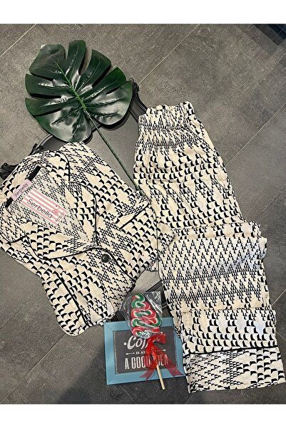 Serbella Silky Satin Cubes Shirt Trousers Pajama Set