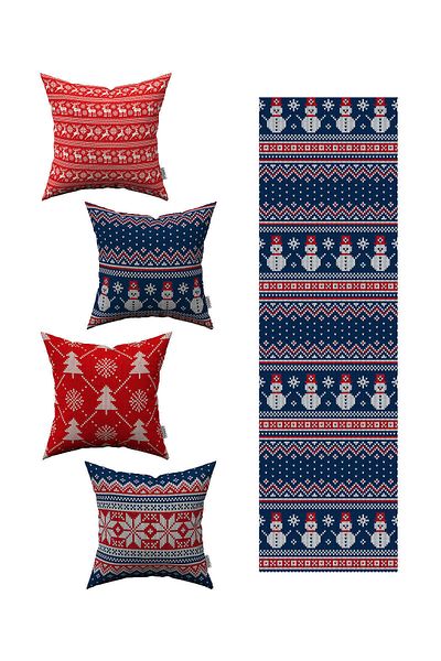 Cango Home Red Blue New Year Themed 4-Piece Throw Pillow Cover 1 Runner Set St-4Kmbs59-Rs-04