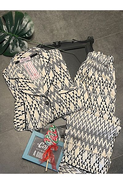 Serbella Silky Satin Cubes Shirt Trousers Pajama Set