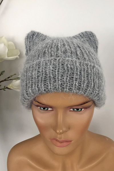 Vera Cat Eared Angora Wool Beret Hand Knitted Gray Beret