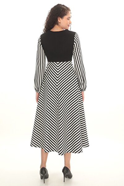 etselements X MODAPO Çizgili Önü Örme Kumaş Uzun Kollu Maxi A Kesim Elbise