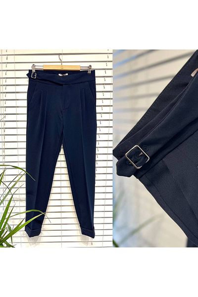 Luppo Club Pleated Buckle Men's Italian Trousers Venice - Navy Blue