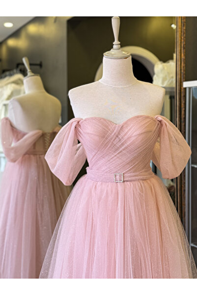 Lenta Moda Pudra Simli Drapeli Midi Boy Kemer Detaylı Transparan Abiye ve Gece Elbisesi