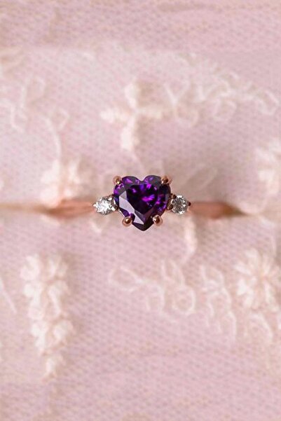 Sahira Jewelry Minimal Kalp Mor Taşlı 14 K Rose Altın Kaplama Kadın Yüzük