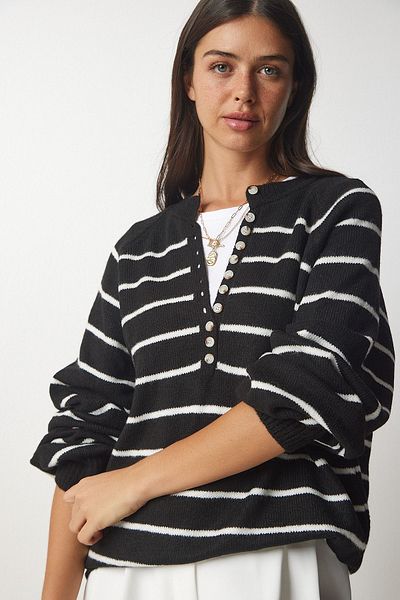 laughs Women's Black Buttoned Collar Striped Knitwear Sweater MT5577