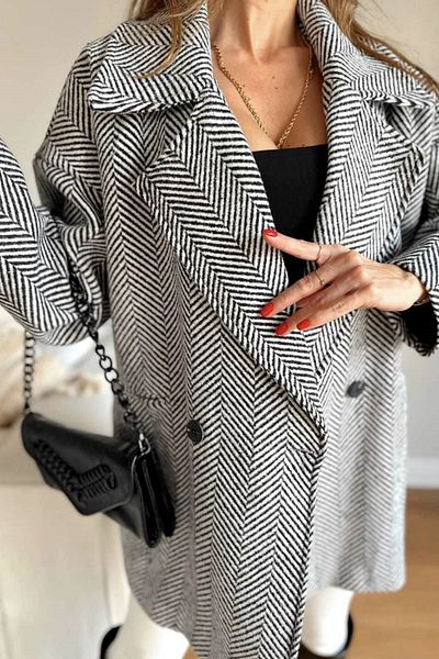 Suzi butik Černá a bílá barva oversize vzorovaná rybí kost Standardní velikost lemovaná krátký kabát