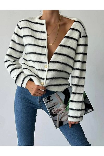 Laluvia Ecru-schwarz gestreifter Plüsch-Cardigan