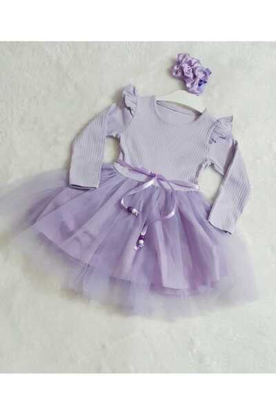 Retro Women Kız Çocuk Lila Uzun Kol Tütülü Doğum Günü Özel Gün Yılbaşı Hediye Günlük Prenses Elbise