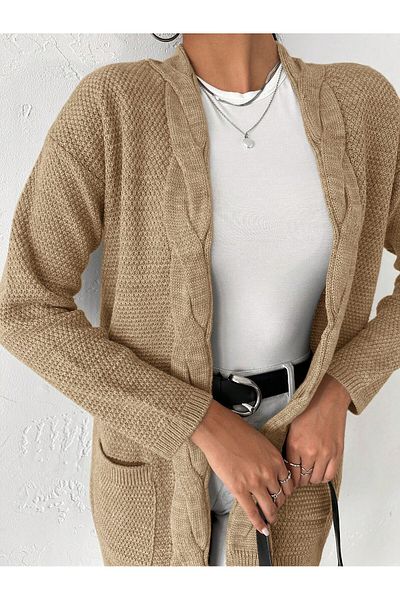 AQE FASHION Cardigan din tricot cu buzunare elastice și benzi tricotate confortabile - CAMEL