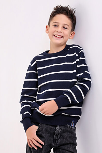Matte VENICE BOY'S NAVY BLUE BICYCLE COLLAR STRIPED KNITWEAR SWEATER