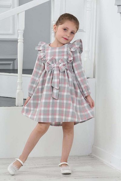 MİNİKO KİDS CHRISTMAS THEMED PLAID MODEL LONG SLEEVE DRESS WITH BOW