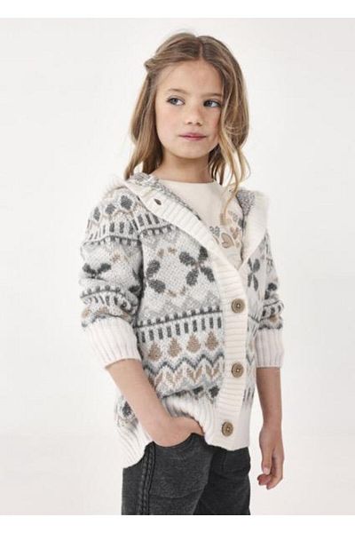 MAYORAL Cardigan cu glugă bej pentru fete, tricotat jacquard