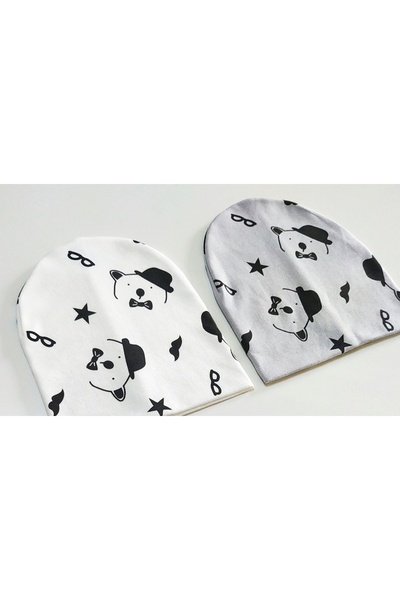 neocotton Double Layer Cotton Hat Bear Printed Set of 2 Combed Cotton Baby Kids Beanie