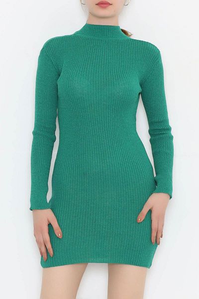 MaxiMor Rochie de tricotaj cu mânecă lungă, verde, cu jumătate de guler, pentru femei, standard SML, lungime potrivită 80 cm