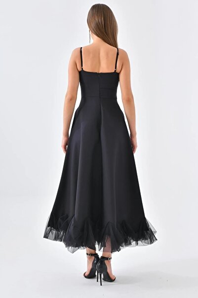 WOMAN VISION Dámská bavlněná tkanina Atlas sukně tyl Detailní tenký pásek, délka midi, černé šaty 9326