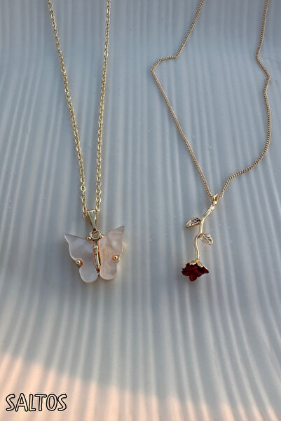 Saltos Set of 2 Necklaces, White Butterfly Necklace and Red Rose Necklace Set, Gold Necklace, White Butterfly Necklace and Red Rose