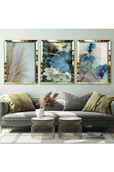 KOLAJTASARIM Tablou cu rama din 3 piese din plexiglas auriu cu flori colorate